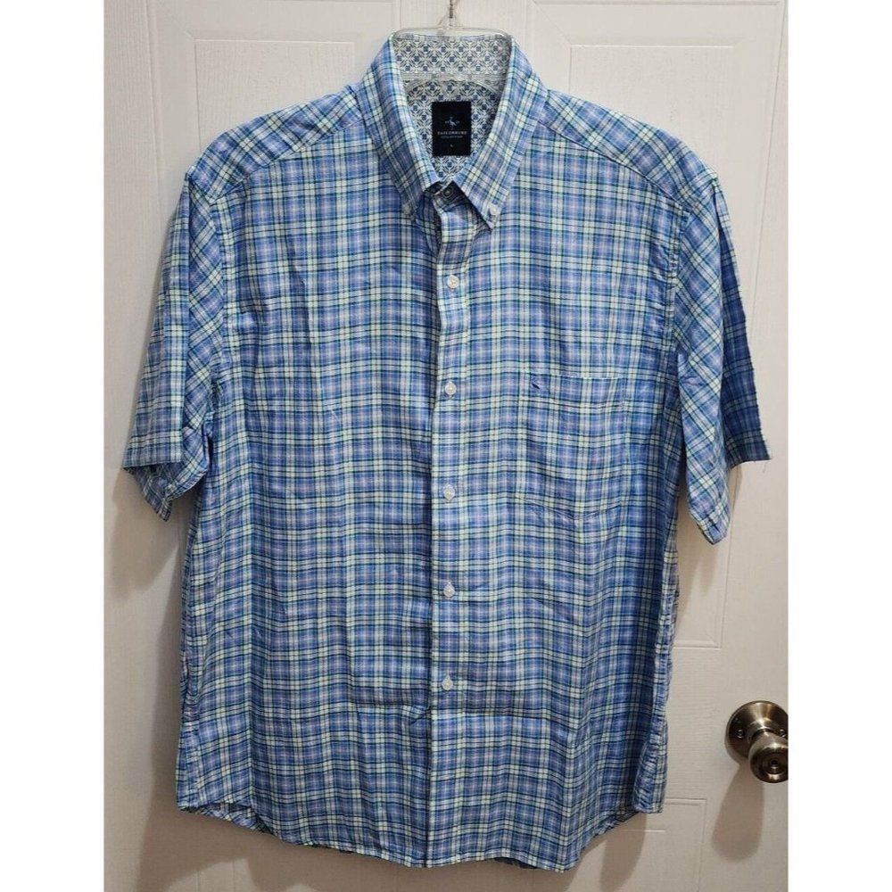 TAILORBYRD Collection Short Sleeve Blue Green Plaid Button Down Shirt Size Large